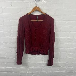 Anthropologie Women's Floral Button Front Blouse Top Long Sleeve Burgundy Size S